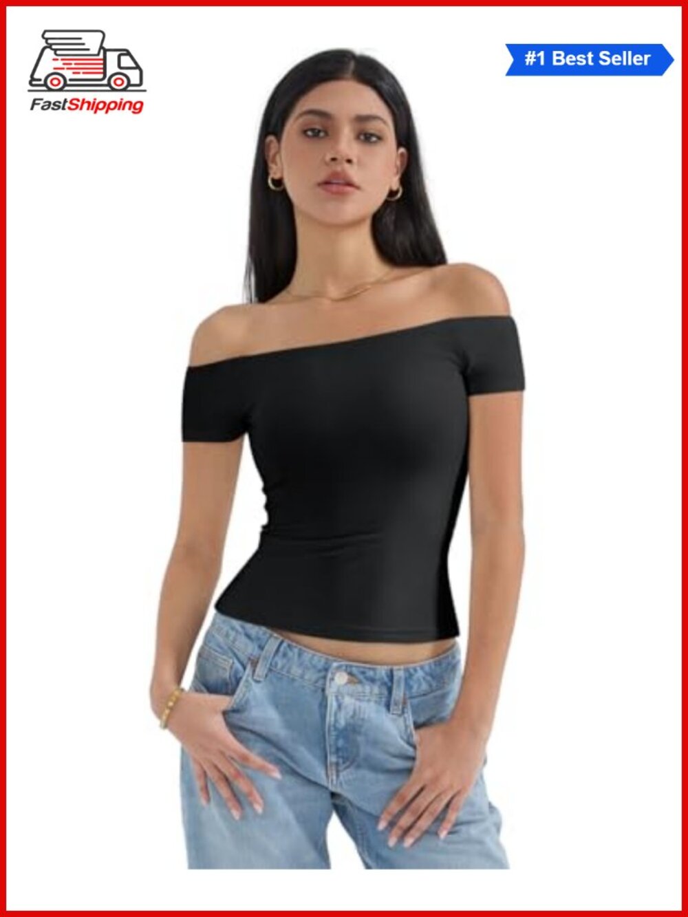 Women Off Shoulder Fitted Crop Top Double Lined Short Sleeve Basic Shirt